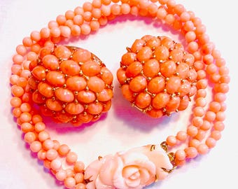 Vintage CINER coral bead clip on earrings and bracelet