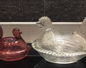 Indiana Glass HEN Sitting On Nest 7″ and 4-1/2” TURKEY covered dish
