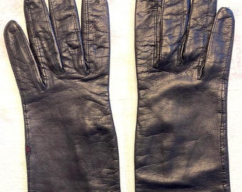 BELGIUM Black kid leather women’s gloves silk lined vintage 7 from GIMBELS