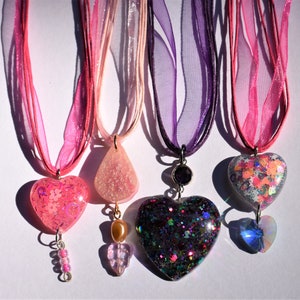 Glittery sparkly resin pendant necklace - heart pendants