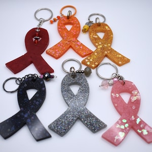 Assorted cancer ribbon resin keychains - cancer ribbons with beaded charms keychains