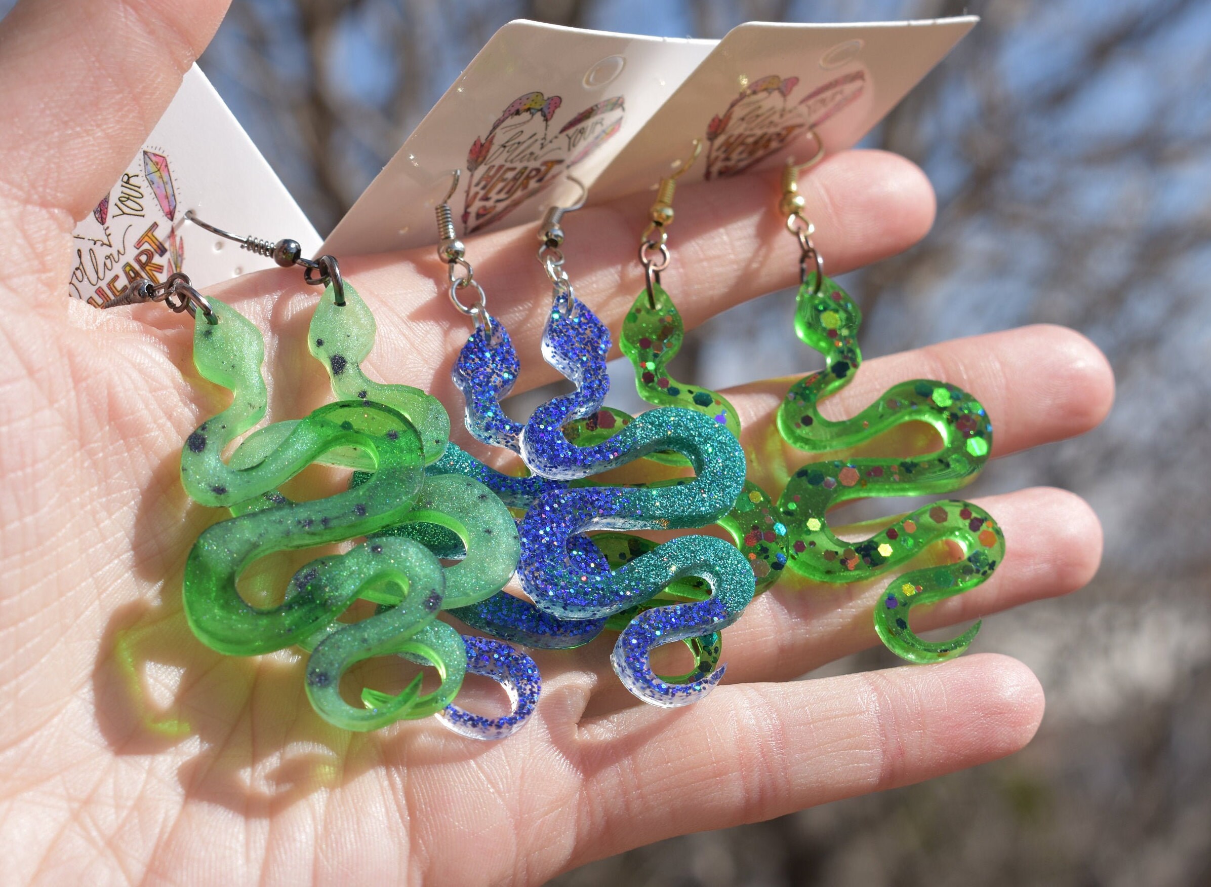 Cute snake resin earrings green snake dangle earrings blue Etsy