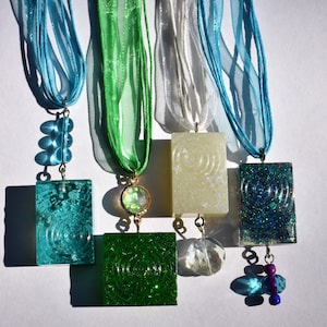Ripple design resin pendant necklace - square and rectangle water drop necklaces