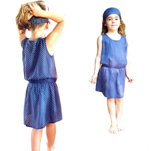 Look 60's retro, dot for girls, Summer girl's set. Dress, blue with white dot and hairband. Vintage, boho dress, simple and elegant, Aummade image 1