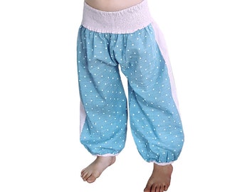 Aladdin girl's summer pants, girl's harem pants, blue chambray fabric with dots and plain pale pink, girls and babies, boho, ethnic, Aummade
