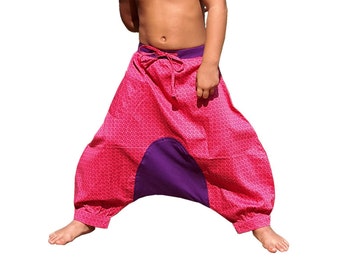 Girl's harem pants, Aladdin pants, summer pants, fuchsia pink print and plain lycra violet, boho, hippie, ethnic pants, for girls, Aummade