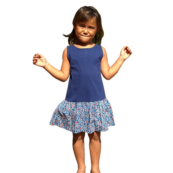 Summer girl's dress, bi fabric, jersey top and bottom cotton cambric printed with blue flowers, Liberty, bobo,  Aummade