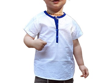 Boy's white shirt, short sleeves, kurta style, blue indigo collar,Mao collar, china collar, babies, boys, Aummade