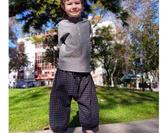 LOOK WINTER : grey cotton checks harem pants / long sleeves grey chambray shirt, boys set, ethnic style, indian style, ethnic pants, Aummade