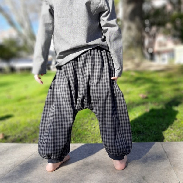 Baggy-Haremshose für Jungen, Winter-Haremshose für Kinder, graue Baumwollkaros und Jersey, Jungen, Mädchen, Babys, Unisex, Boho, ethnische Hosen, Aummade