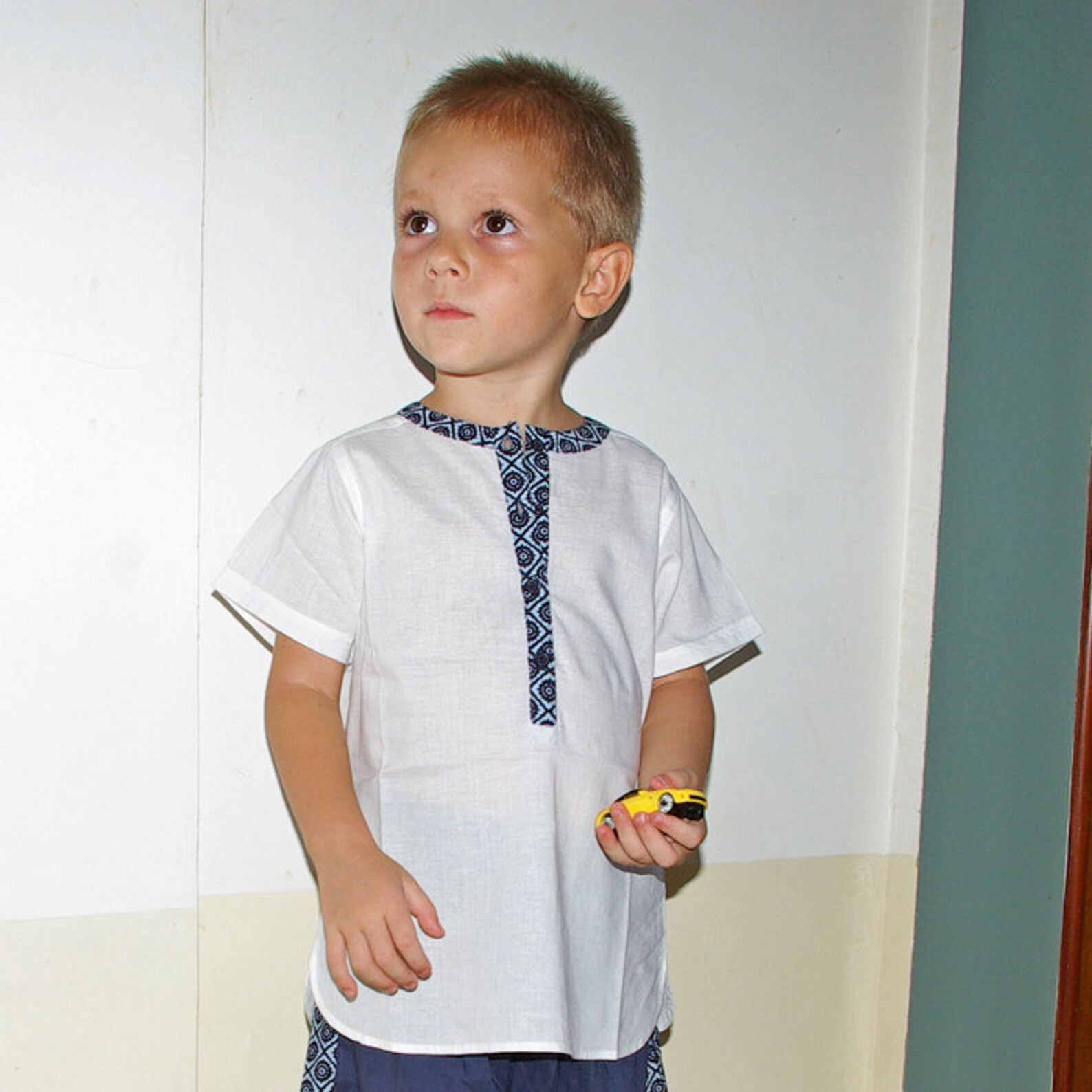 Boy's White Shirt Short Sleeves Summer Kurta Style Blue Etsy UK