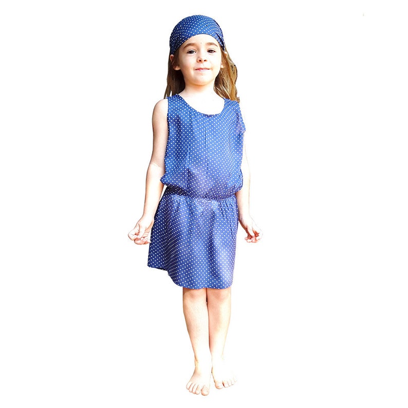 Look 60's retro, dot for girls, Summer girl's set. Dress, blue with white dot and hairband. Vintage, boho dress, simple and elegant, Aummade image 3