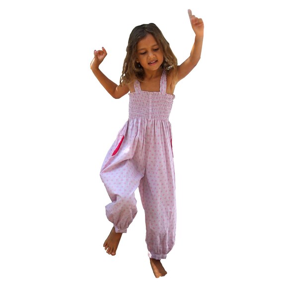 Summer jumpsuit for girls, fuchsia snowflakes and mauve, overall, harem pants, boho for girls, Aummade