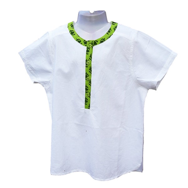 Boy's long white shirt, short sleeves, Indian kurta style, green print collar, china collar,  babies, boys, kids designer, AUMMADE