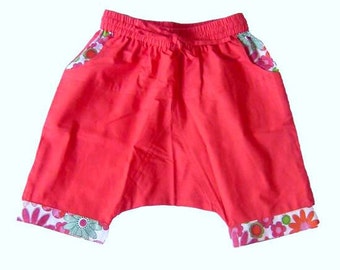 Summer Short harem pants for girls, coral and pink and orange flowers, boho, ethnic pants, Aummade