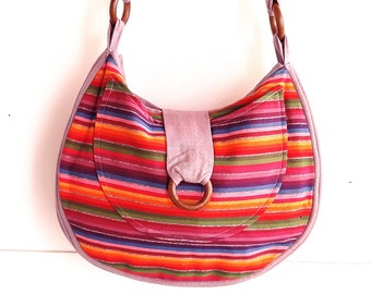 Sac en toile, d'été, rayures multicolores, vacances, plage, bobo chic, grosse toile, Aummade