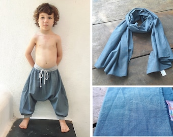 Look Blue chambray harem pants / summer blue chambray scarf, boys set, boho look, ethnic style, ethnic pants Aummade