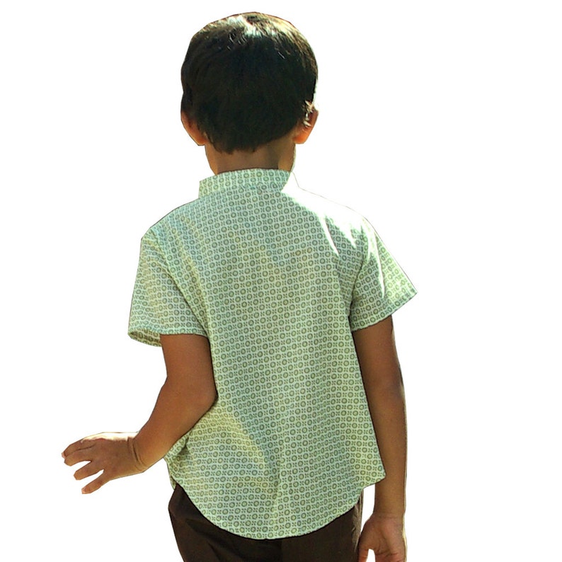 Summer Boy's Shirt, Short Sleeves, Mandarin Collar, Small Green Print