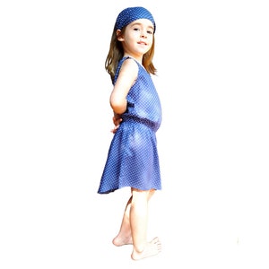 Look 60's retro, dot for girls, Summer girl's set. Dress, blue with white dot and hairband. Vintage, boho dress, simple and elegant, Aummade image 2