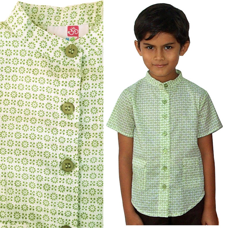 Summer Boy's Shirt, Short Sleeves, Mandarin Collar, Small Green Print
