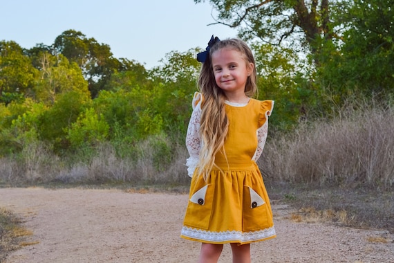 Girls Jumper Linen Jumper Girls Jumper Dress Girls Fall Clothing Mustard Dress Linen Dress Linen and Lace Girls Outfits Etsy