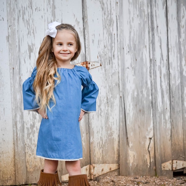 Girls Denim Dress - Girls Peasant Dress - Girls Fall Dress - Toddler Denim Dress - Girls Simple Dress - 3/4 Sleeve Dress - Jean Dress