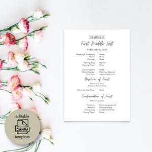 May include: A white baptism program template with elegant script and floral accents. The program includes sections for the baptism details, readings, and participants. The design is editable using Canva.