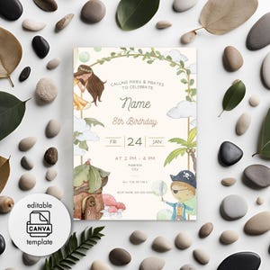 May include: An editable Canva template for a birthday party invitation. The invitation features a whimsical illustration of a fairy and a pirate in a woodland setting. The text reads "Calling Pixies & Pirates to Celebrate Name 8th Birthday Fri 24 Jan At 2 PM - 4 PM Address City All the Details RSVP Name 503-555-5355".
