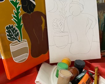 Woman and Plants Paint Kit, 8x10 Canvas, DIY Party Supplies