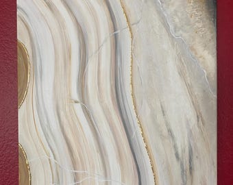 Beige Crystal Agate Slice Painting: Gold Gilded Mineral Art