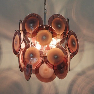 Vistosi glass disc chandelier, 36 discs, Murano , yellow and purple bursts Vistosi glass disc chandelier, 36 discs, Murano , yellow and purple bursts