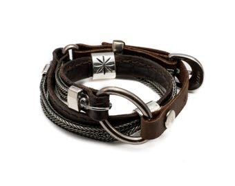 Dark brown stitched leather double wrap bracelet with iron chains, unisex rock style