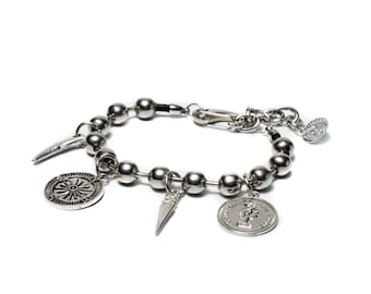 Silver ball chain bracelet with pendants, Chunky chain bracelet ideal for an everyday look, great gift idea for woman