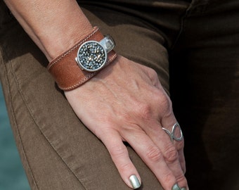 Cuff leather and metal bracelet with Austrrian Crystal stones