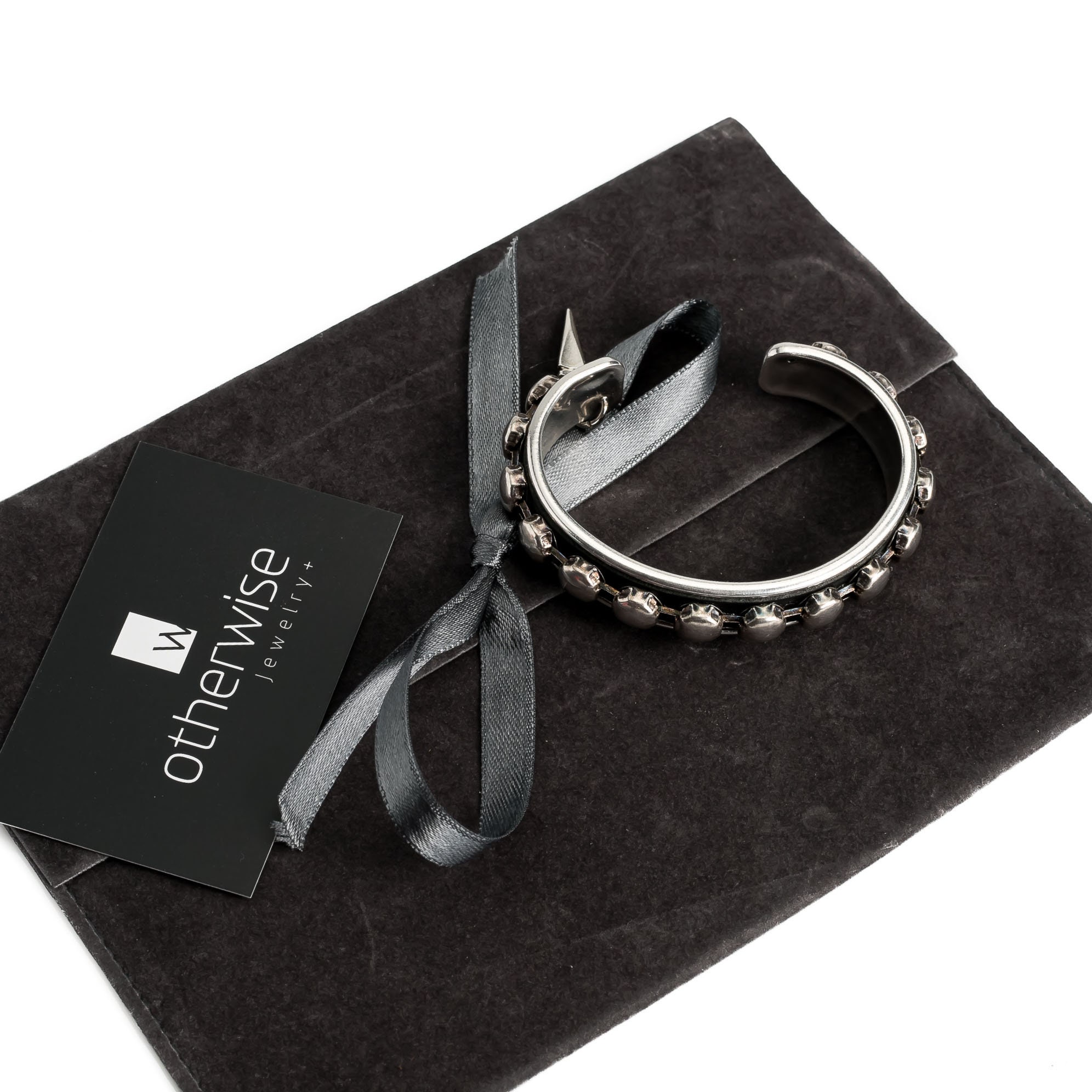 Antique Silver Bangle With Black Leather and Silver Stud