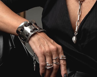 Unique wide arm cuff with leather, Unode50 style bracelet, Unisex bold and edgy armer bracelet 