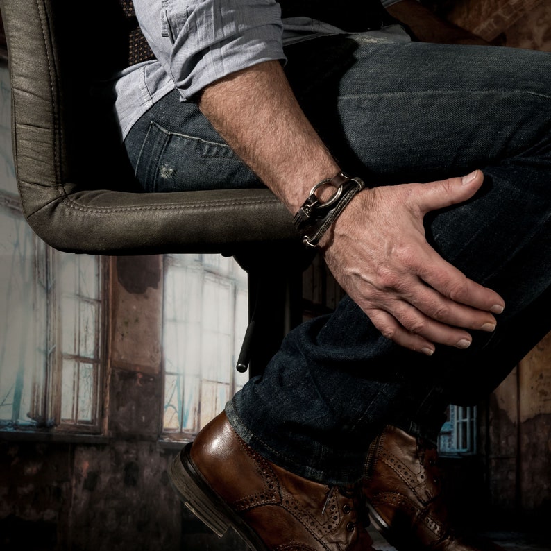 Men/'s double wrap bracelet with soft dark brown stitched leather bracelet for a strong look for men gun metal chains and metal elements