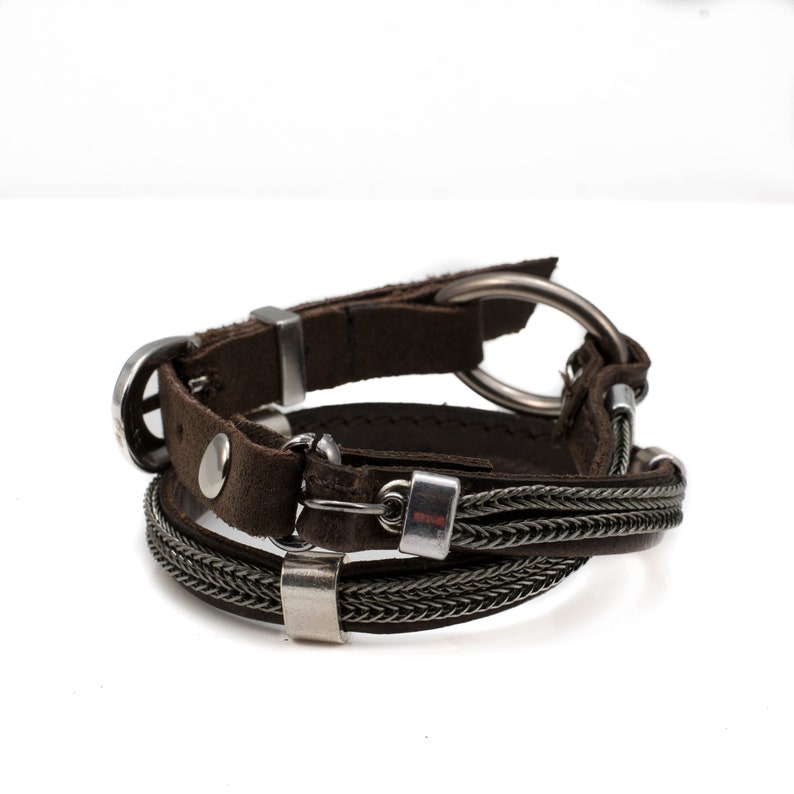 Men/'s double wrap bracelet with soft dark brown stitched leather bracelet for a strong look for men gun metal chains and metal elements