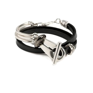 Black leather wrap bracelet with funky silver clasp