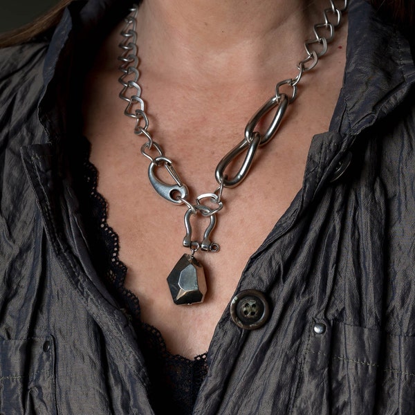 Edgy steel Chain Necklace with crystal stone pendant
