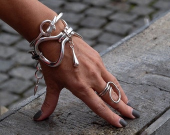 Unique Edgy Silver Bracelet, Chunky Statement Metal Cuff