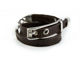 Wrap leather bracelet with statement buckle, Unisex statement Jewelry