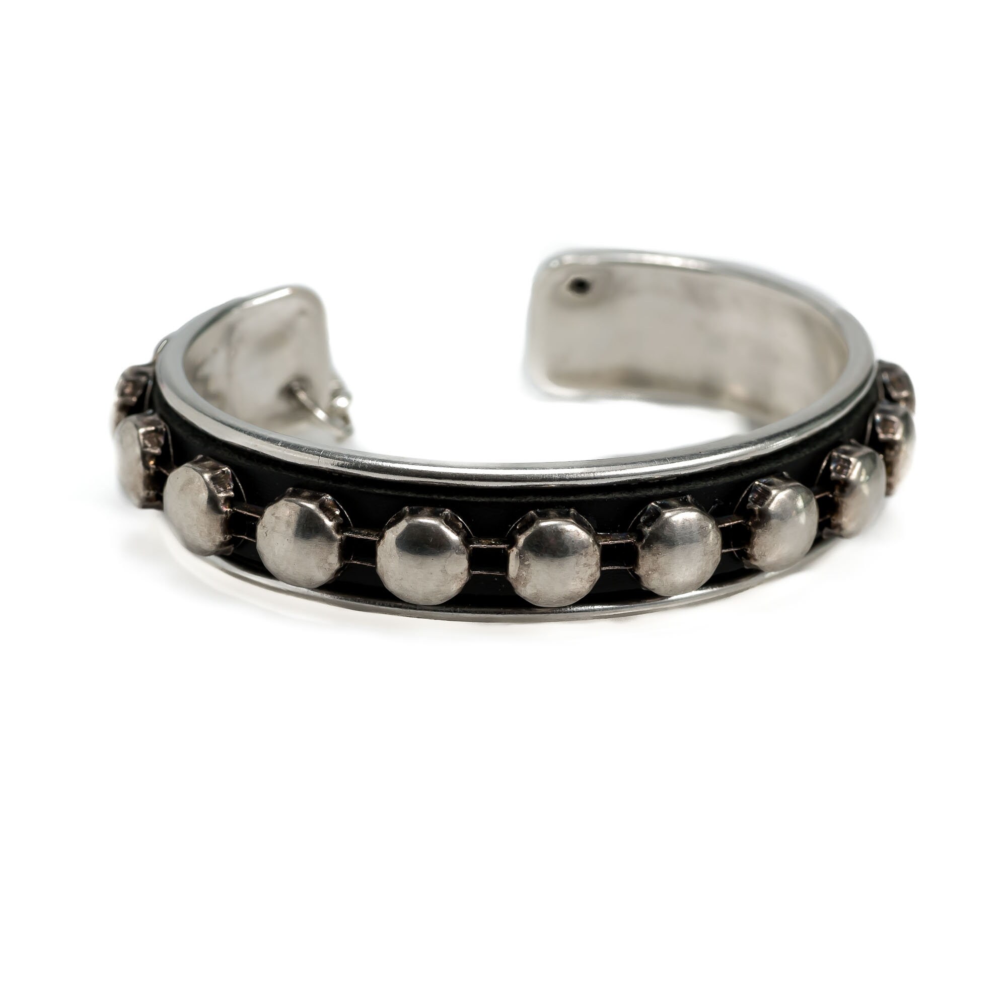 Antique Silver Bangle With Black Leather and Silver Stud Chain 