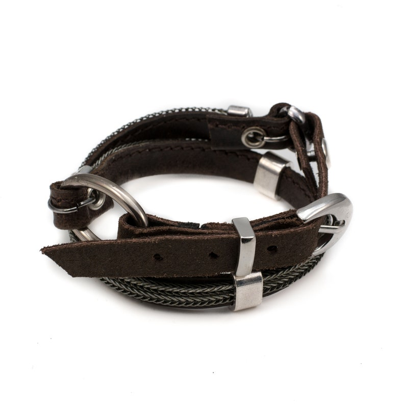 Men/'s double wrap bracelet with soft dark brown stitched leather bracelet for a strong look for men gun metal chains and metal elements