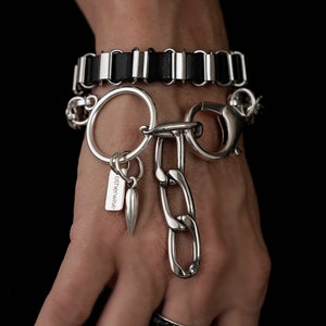 Leather and chain wrap bracelet, edgy stainless steel bracelet with black leather and oversized buckle, chunky rocker bracelet