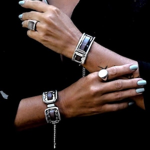 Strong metal and soft leather cuff bracelets, Unique bracelets in unode50 style