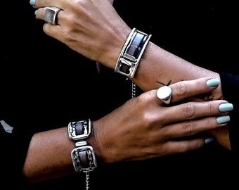 Strong metal and soft leather cuff bracelets, Unique bracelets in unode50 style