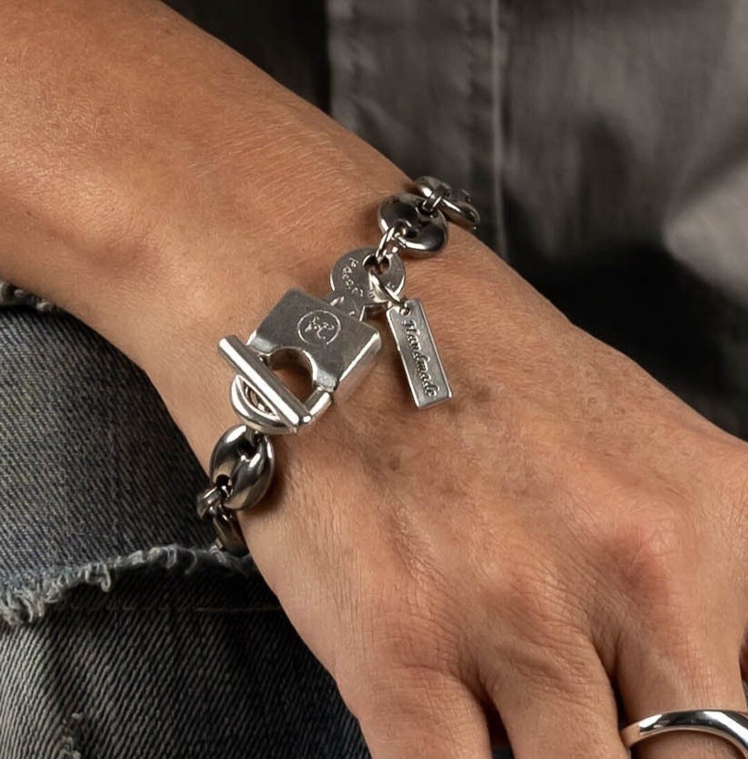 Stainless Steel Chain and Padlock Bracelet, Chunky Anchor