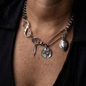 Silver safety pin box chain necklace with pendants, Rock style chunky choker and charms