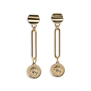 Classy gold-plated coin pendant earrings, caramel toned long earrings for a classy look, great Christmas gift for woman